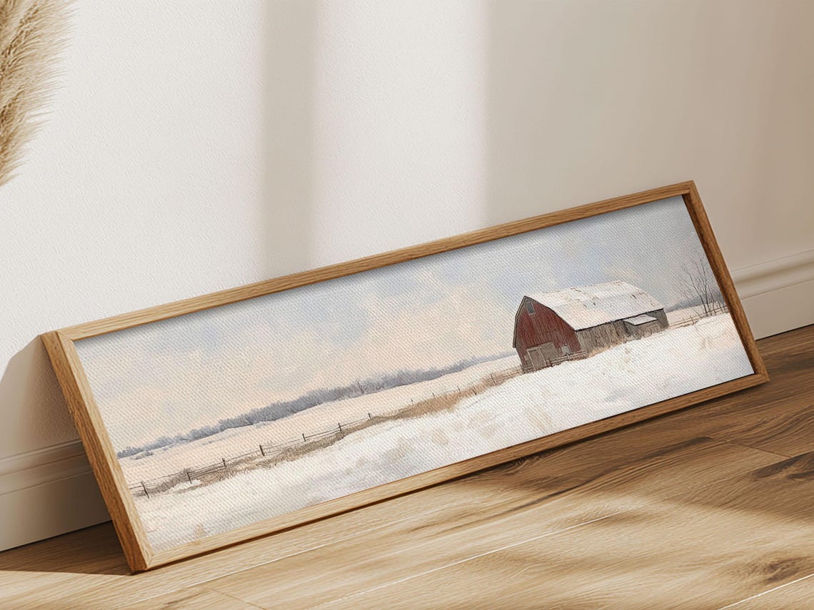 Red Barn Winter Snowy Field Panoramic Farmhouse Landscape Art Poster - Image 3