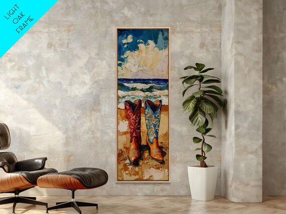 Red Blue Cowboy Boots Beach Scene Coastal Western Rustic Poster