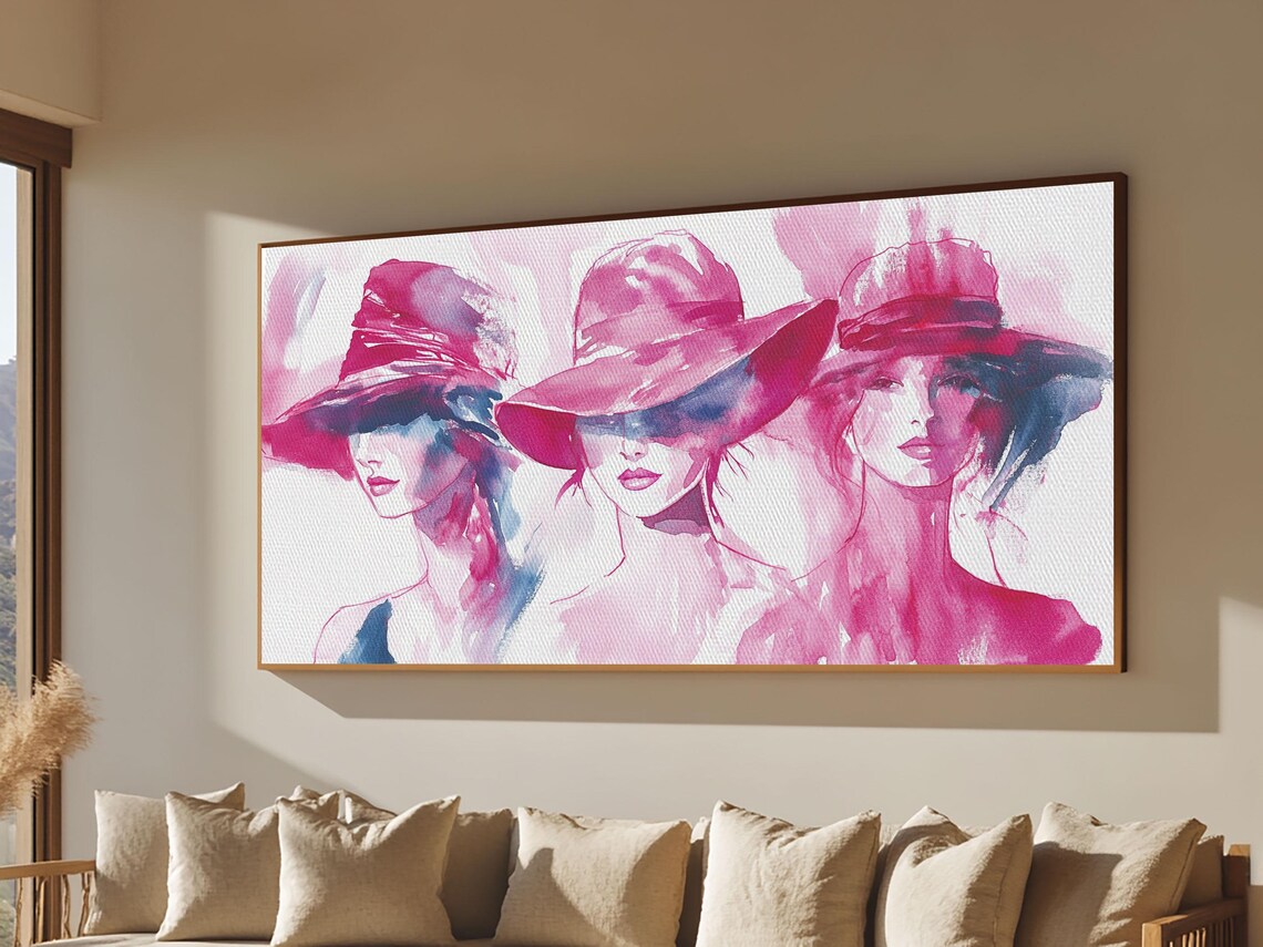Pink Hat Ladies Watercolor Fashion Illustration Chic Women Poster
