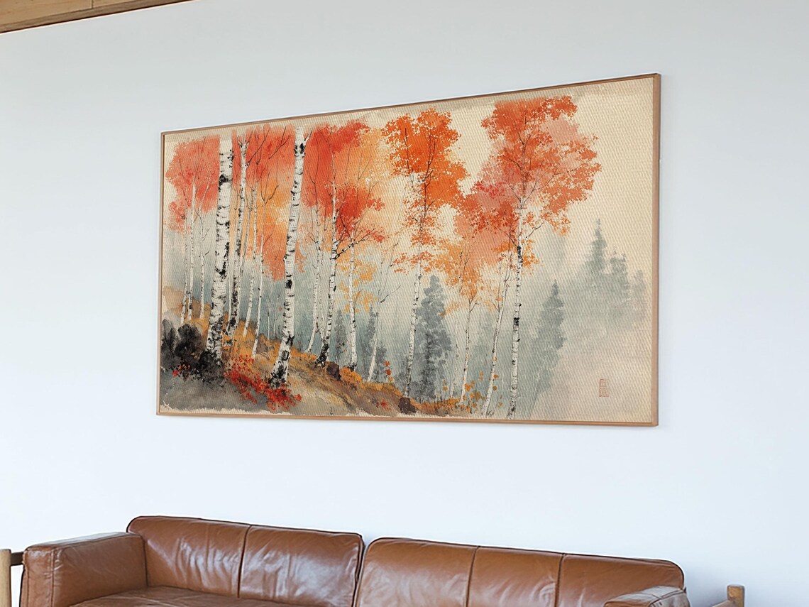 Autumn Birch Forest Orange Foliage Watercolor Landscape Painting Print - Image 4