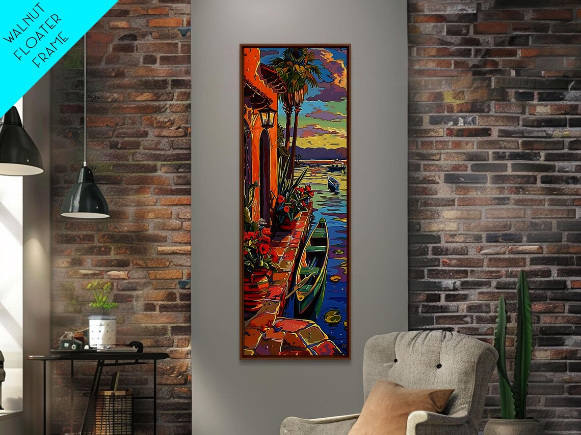 Tropical Waterfront Sunset Moored Canoe Palm Trees Golden Sky Travel Poster - Image 3
