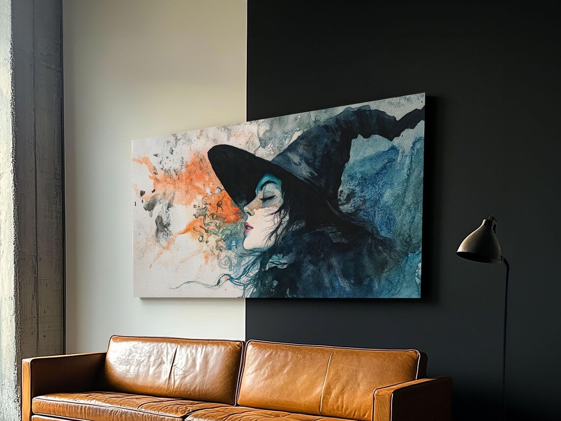 Witch Watercolor Portrait Panoramic Dark Magic Smoke Profile Blue Orange Poster - Image 3