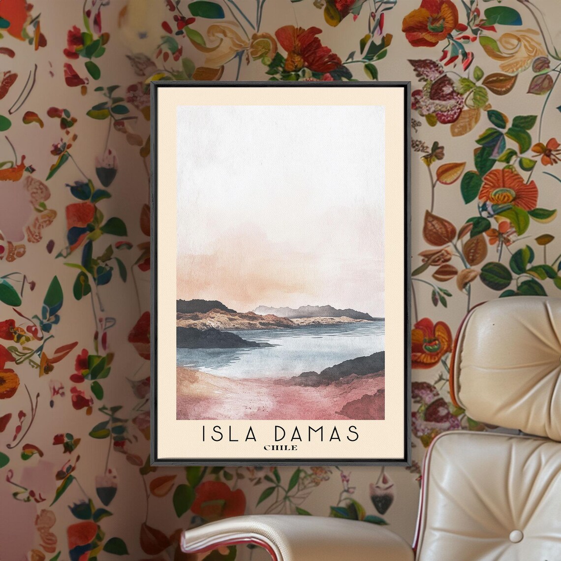 Isla Damas Chile Desert Coast Pink Sand Calm Bay Watercolor Art Poster - Image 2