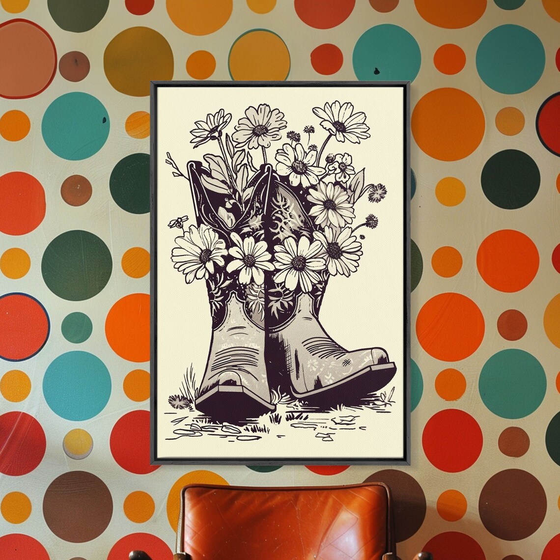Cowboy Boots With Daisies Vintage Line Art Floral Western Wall Poster - Image 3