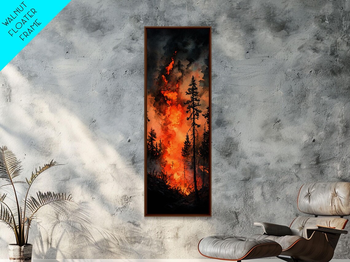 Fiery Forest Flames Print Dark Moody Art Forest Fire Scene Dramatic Wall Art Wabi Sabi Wall Art Above Bed Decor Rustic Wall Art - Image 3