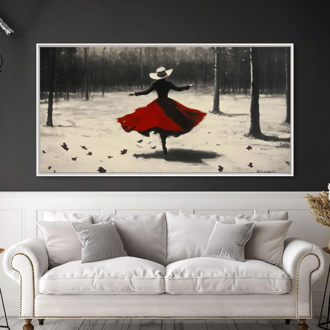 Dancing Cowgirl In Red Dress In Snowy Monochrome Forest Art Poster - Image 6