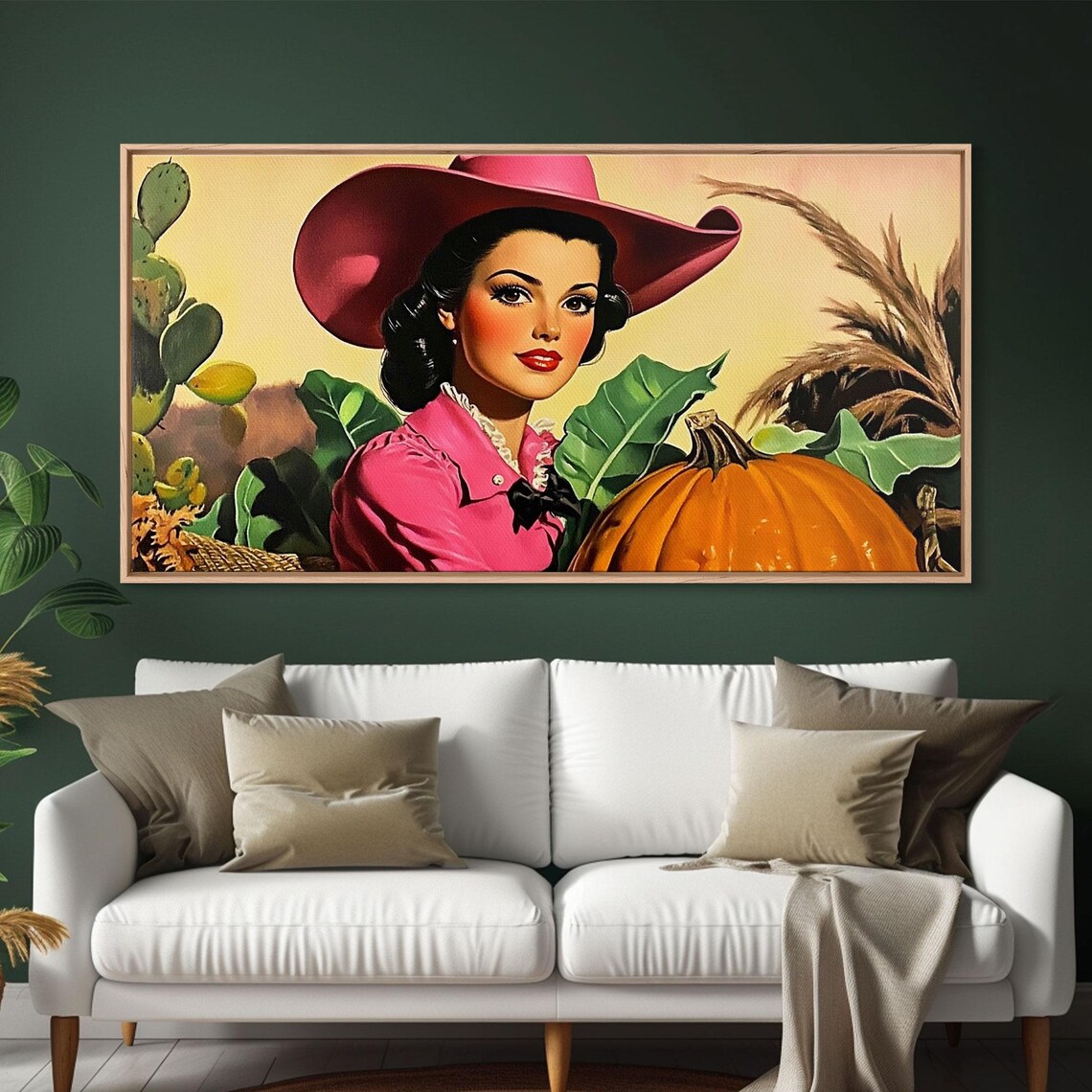 Retro Pinup Cowgirl In Pink Hat At Pumpkin Patch Autumn Harvest Poster - Image 3