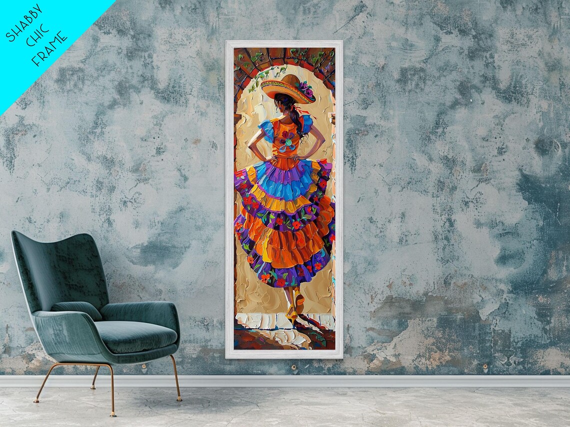 Mexican Dancer In Colorful Ruffled Dress And Sombrero Impasto Wall Art - Image 4