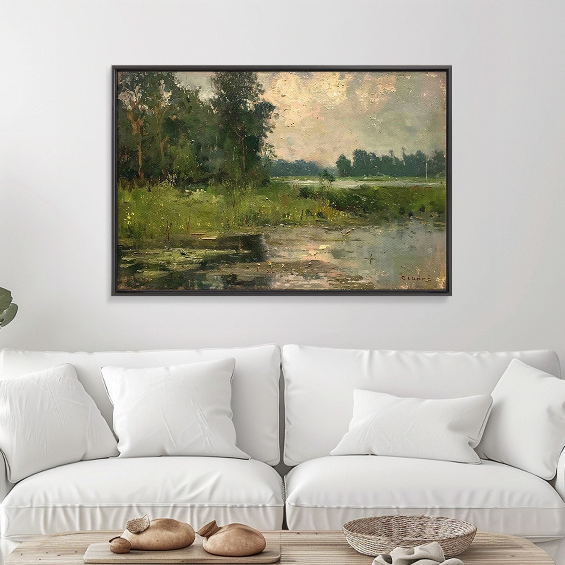 Tranquil Wetland Pond Trees Vintage Impressionist Oil Painting Print