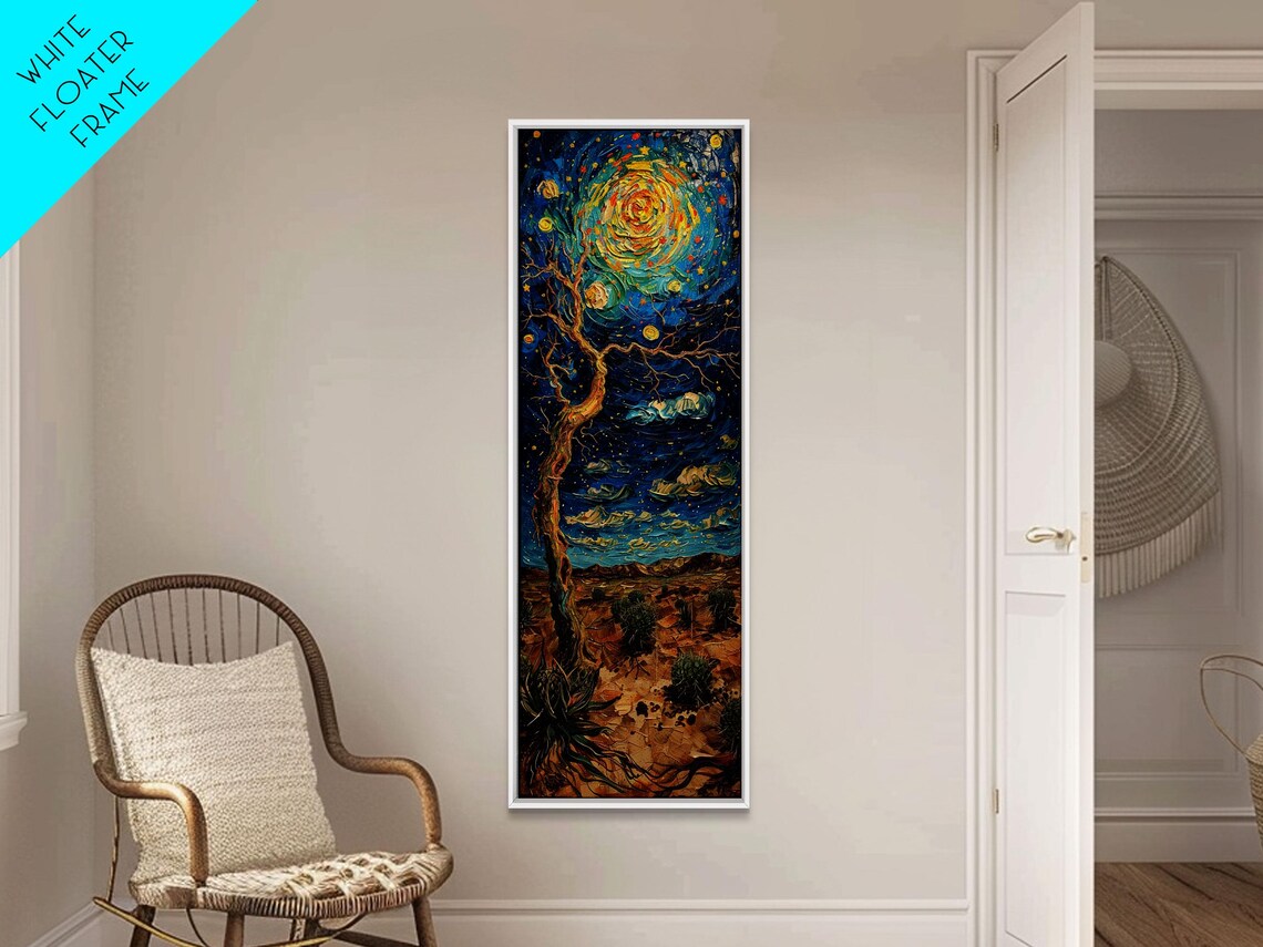 Vibrant Night Sky Desert Tree Whimsical Boho Starry Landscape Framed Print Tall Art Japanese Style Art - Image 4