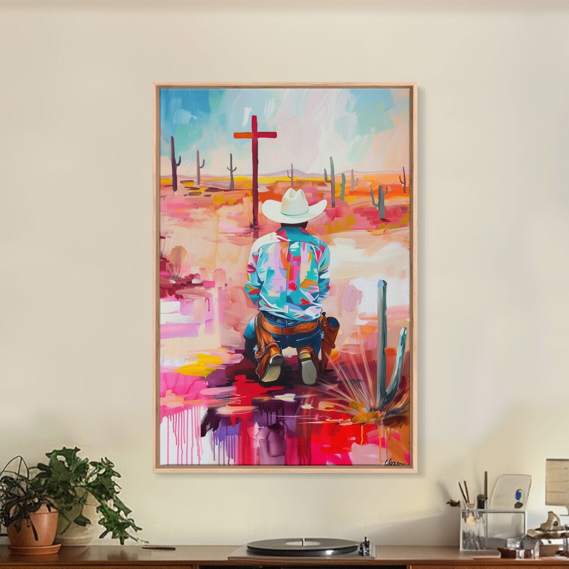 Cowboy Kneeling Before Cross Colorful Desert Faith Art Poster - Image 3