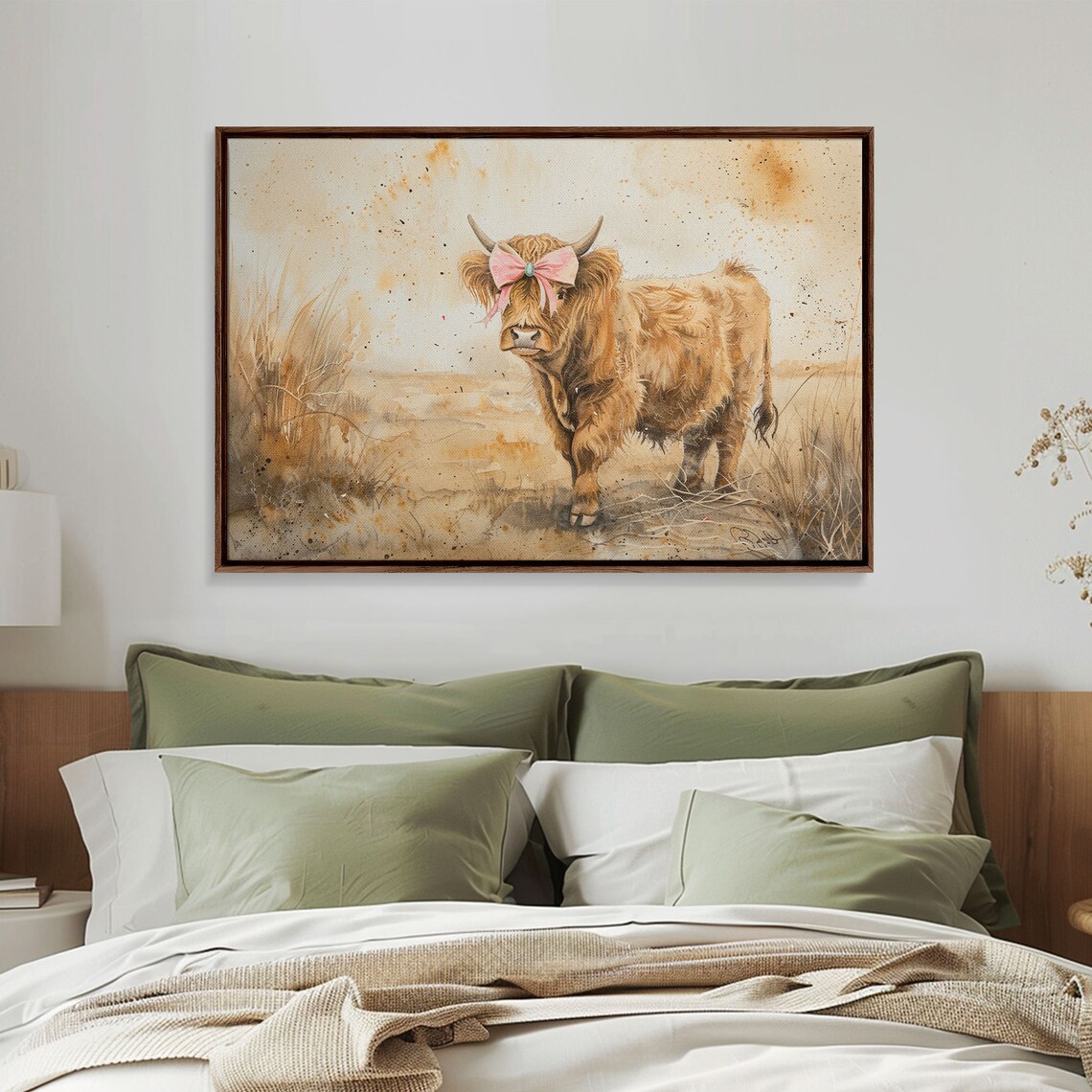 Highland Cow With Pink Bow Watercolor Field Farm Animal Wall Art - Image 3