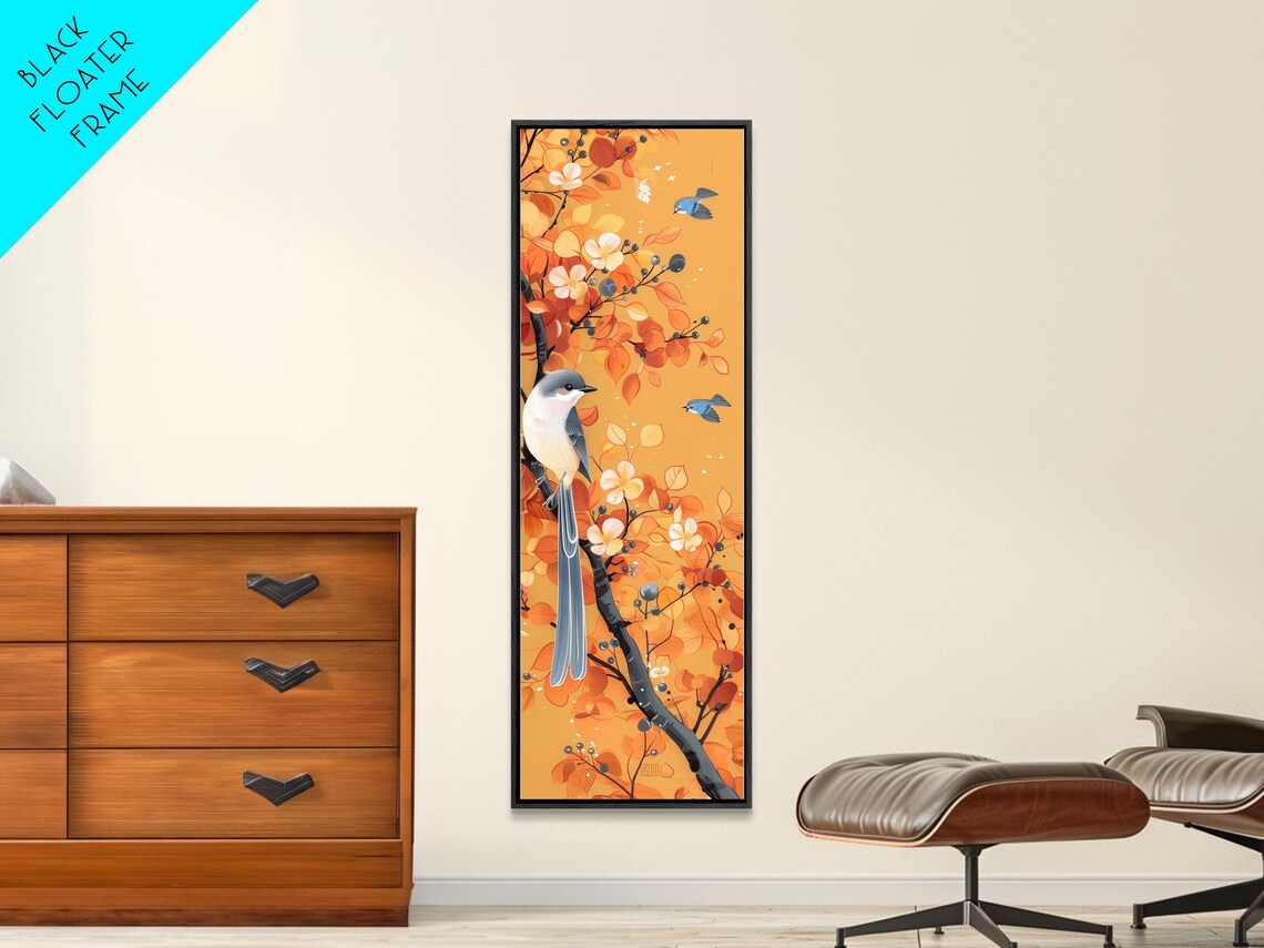 Birds Among Orange Autumn Leaves Blossom Branch Tall Art Poster - Image 6