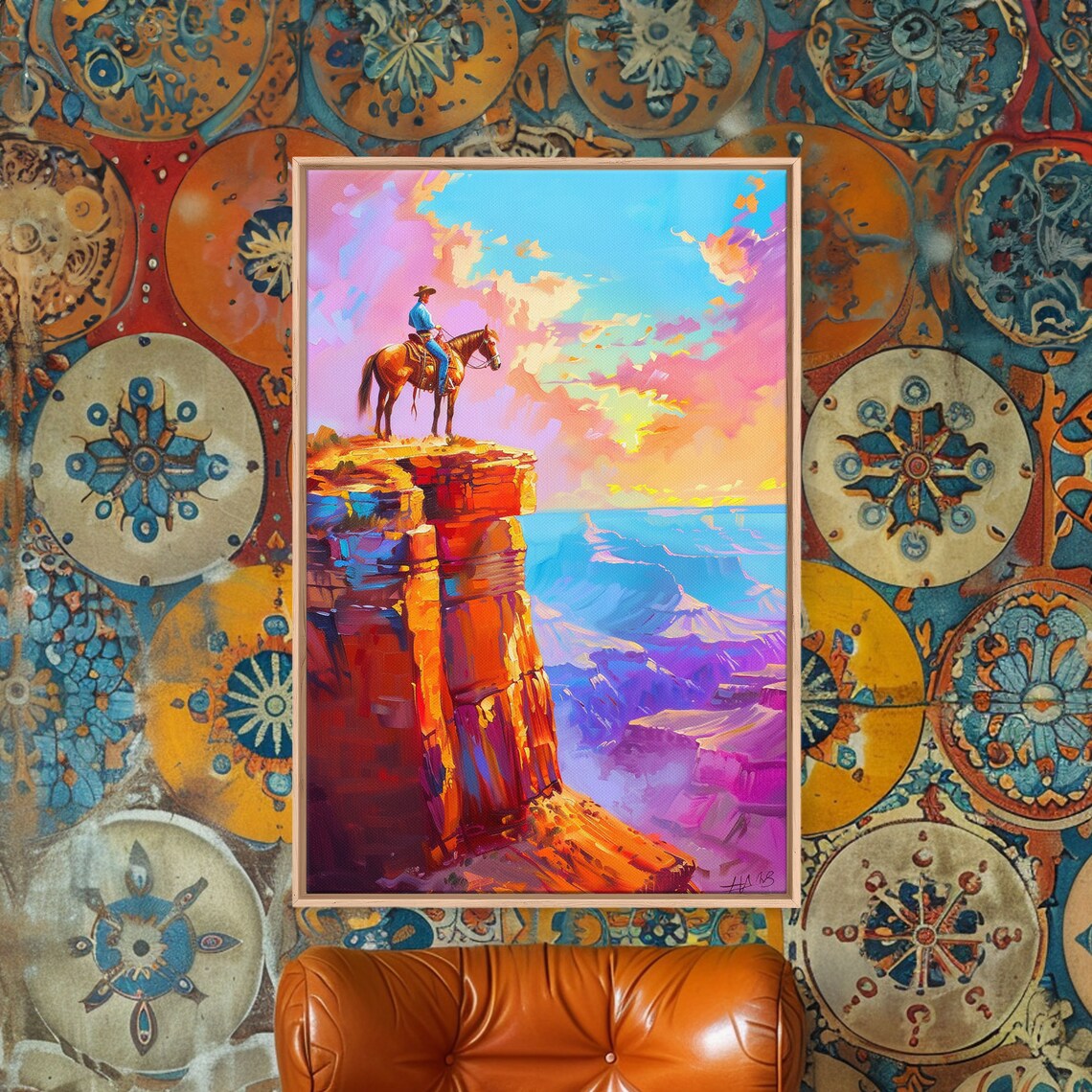 Cowboy On Cliff Edge Overlooking Canyon At Sunset Art Poster - Image 3