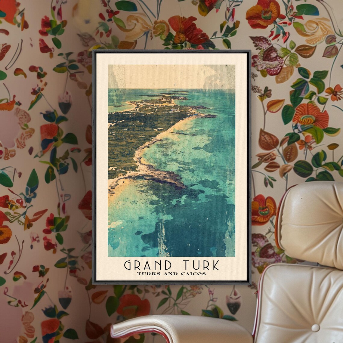 Grand Turk Turks And Caicos Aerial Reef Coast Vintage Style Poster - Image 2