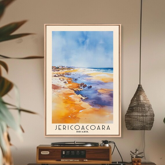 Jericoacoara Brazil Long Golden Beach Blue Surf Watercolor Wall Art Poster
