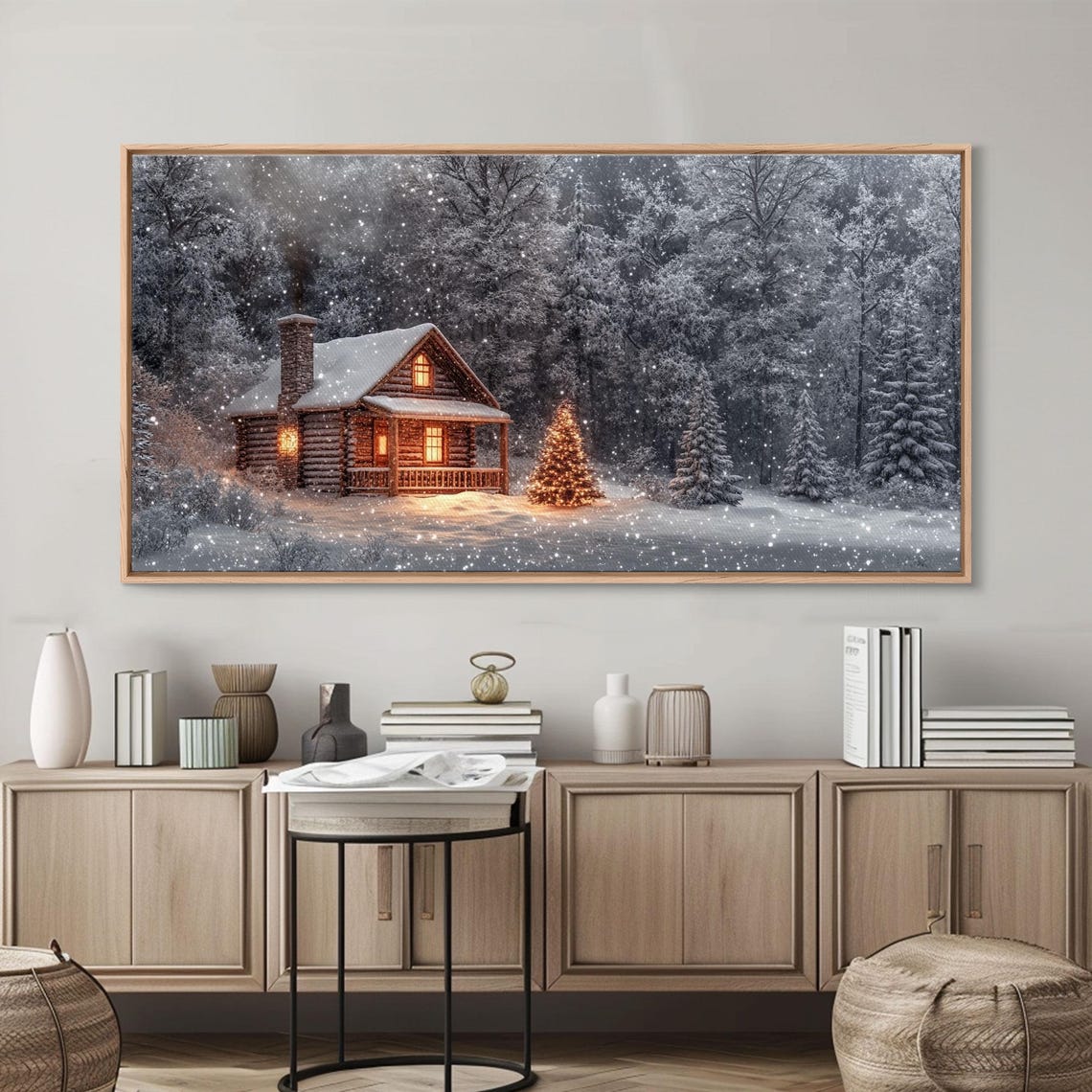 Winter Log Cabin Night Snowfall Lit Christmas Tree Rustic Poster - Image 6