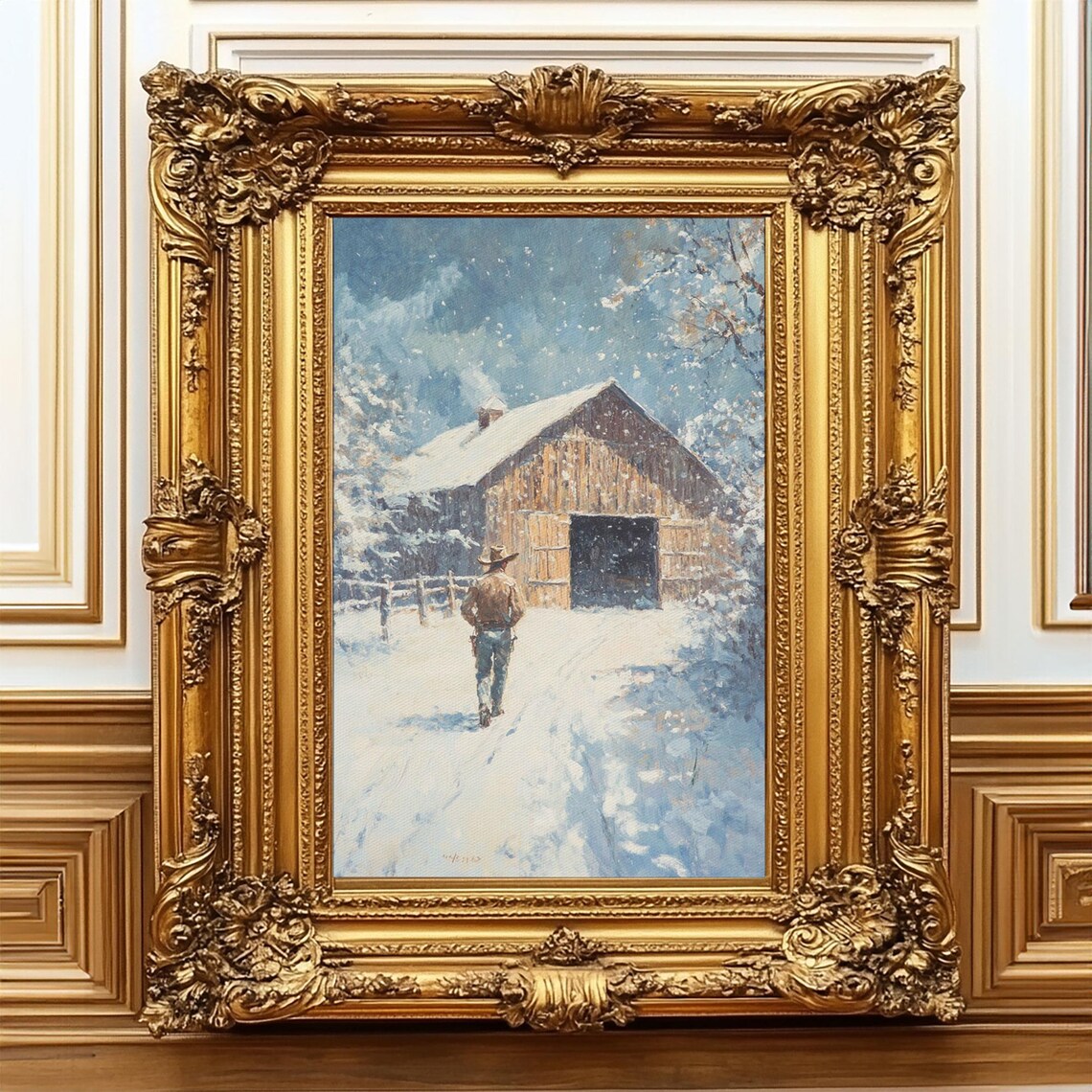 Cowboy Walking To Wooden Barn In Heavy Snow Winter Farm Scene Poster - Image 3