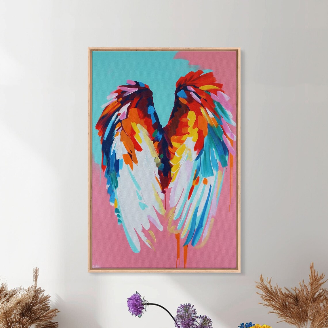 Colorful Angel Wings Pink Teal Feathered Wings Modern Art Wall Poster