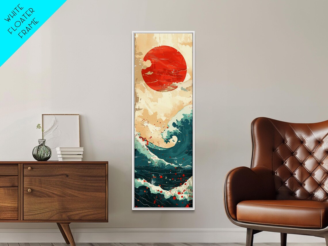 Red Sun Over Teal Ocean Waves Cream Tones Abstract Japanese Seascape Wall Art