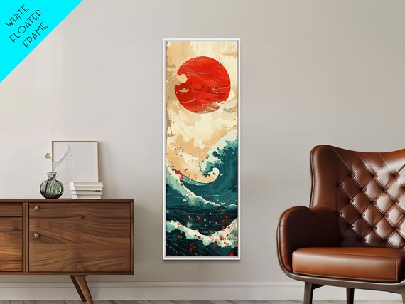 Red Sun Over Teal Ocean Waves Cream Tones Abstract Japanese Seascape Wall Art