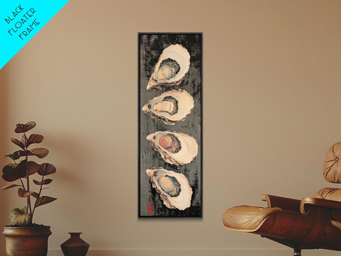 Oyster Shells Vertical Row Black Japanese Style Seafood Wall Art - Image 2