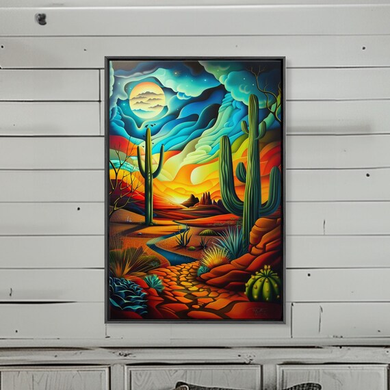 Southwestern Desert Scene Vibrant Landscape Art Framed Print Living Room Decor Desert Painting Colorful Wall Art
