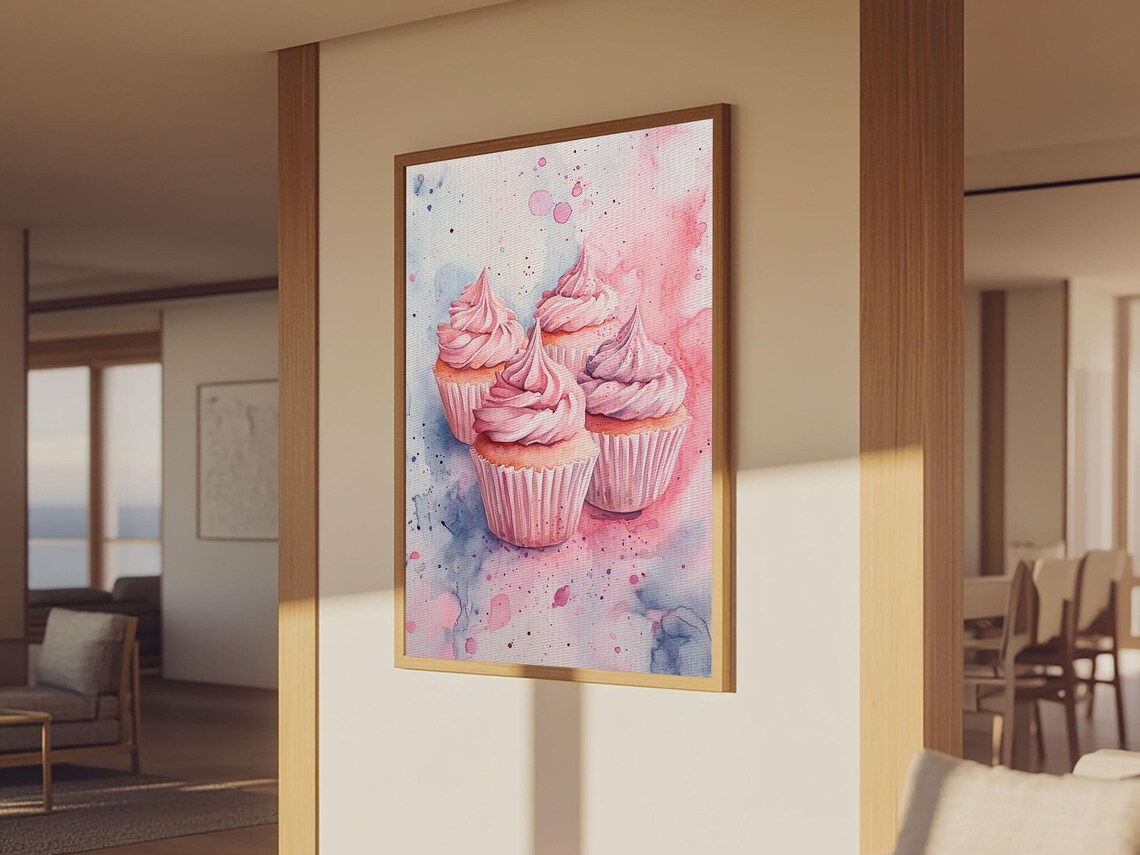 Pink Frosted Cupcakes Watercolor Sweet Dessert Bakery Wall Art Print - Image 2