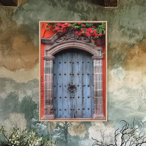 Mexican Style Colorful Architecture Framed Print Tall Art Depicting Traditional Blue Doors
