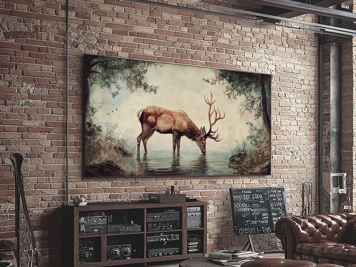 Elk Drinking Water in the Forest, Rustic Cabin Art Print - Image 6