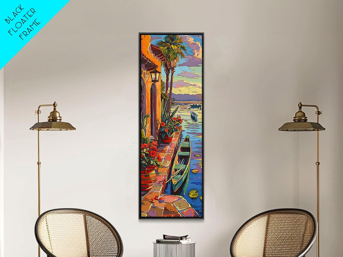 Tropical Waterfront Sunset Moored Canoe Palm Trees Golden Sky Travel Poster