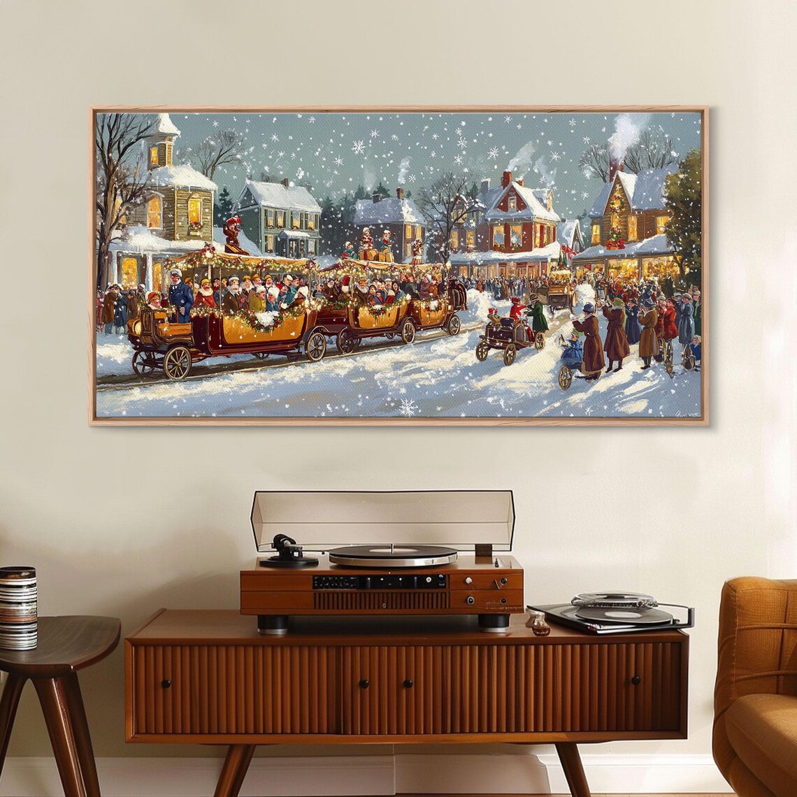 Vintage Christmas Parade Decorated Cars Snowy Street Festival Poster - Image 3