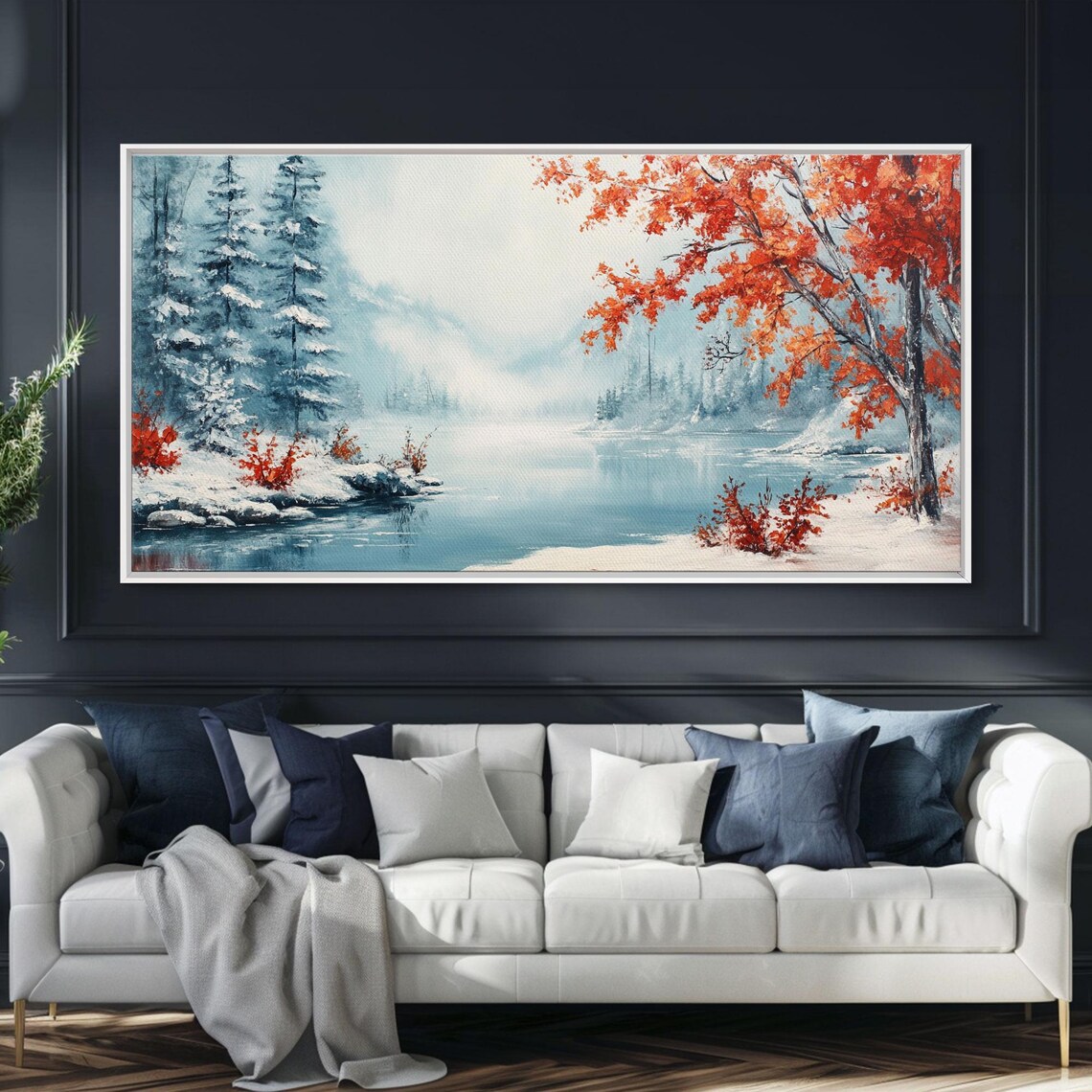 Winter Lake Snowy Pines Red Autumn Tree Icy Shoreline Landscape Poster