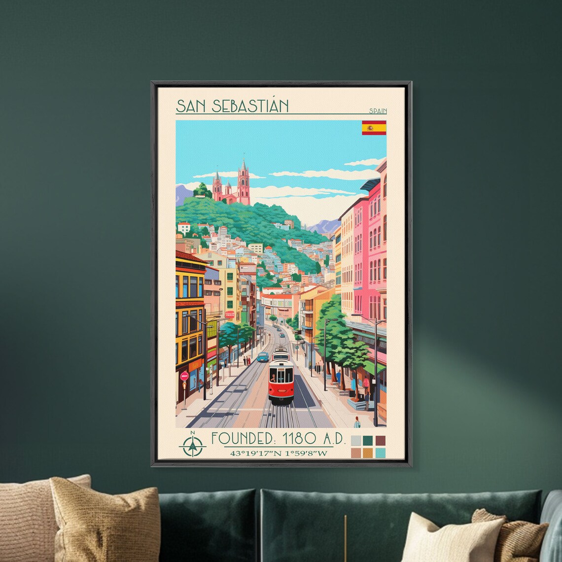 San Sebastian Spain Tram Hilltop Church Street View Travel Poster - Image 2
