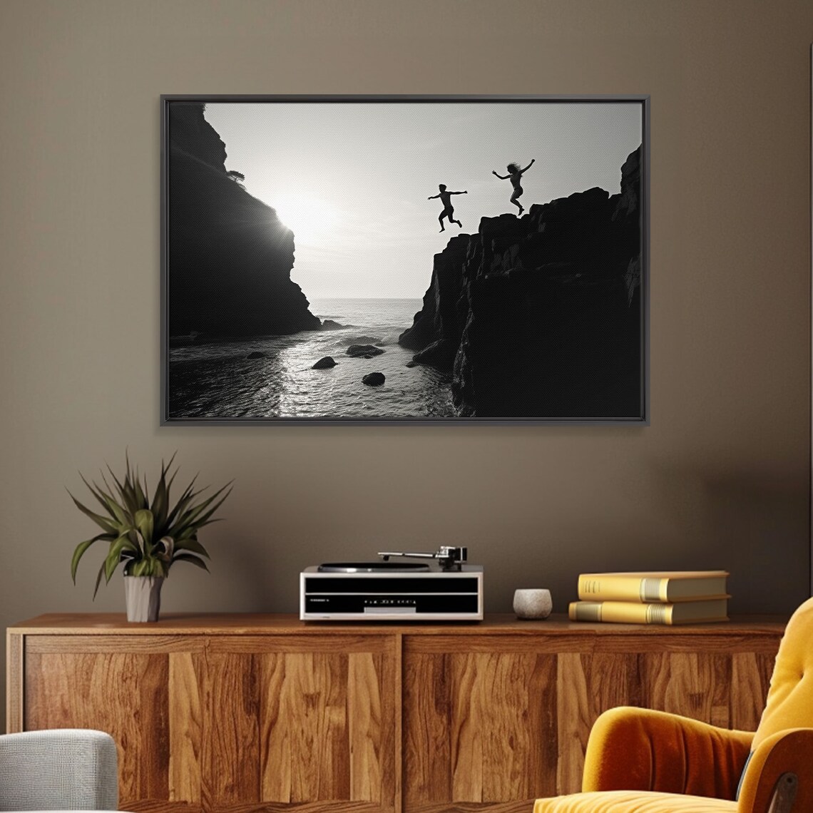 Black And White Cliff Divers Jumping Ocean Dramatic Minimalist Photography Print - Image 5