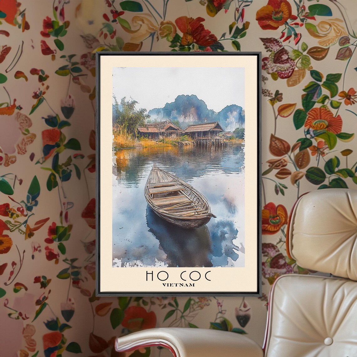 Ho Coc Vietnam Wooden Boat Still Water Stilt Huts Watercolor Poster - Image 2