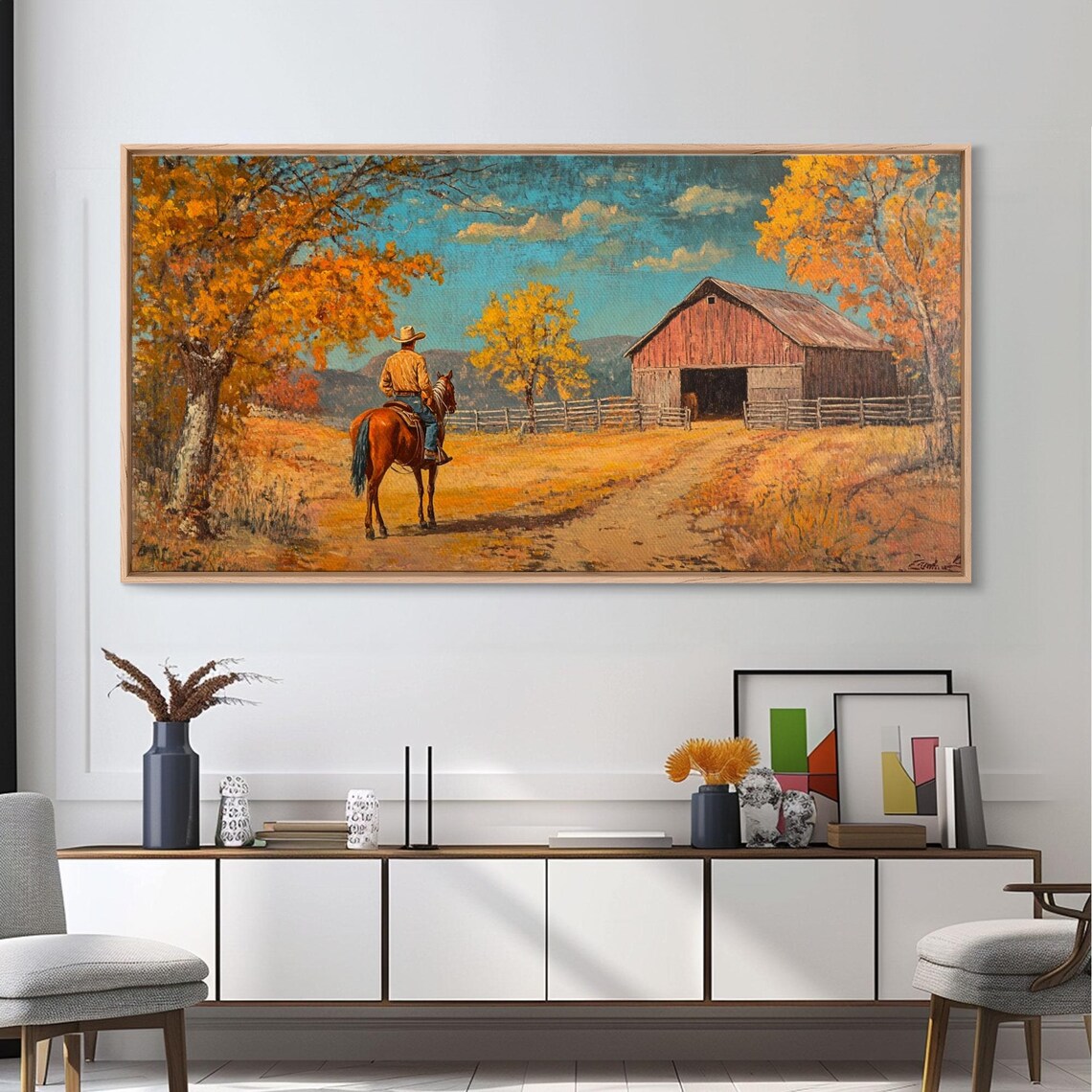Cowboy Riding To The Red Barn Golden Autumn Farm Landscape Poster - Image 5