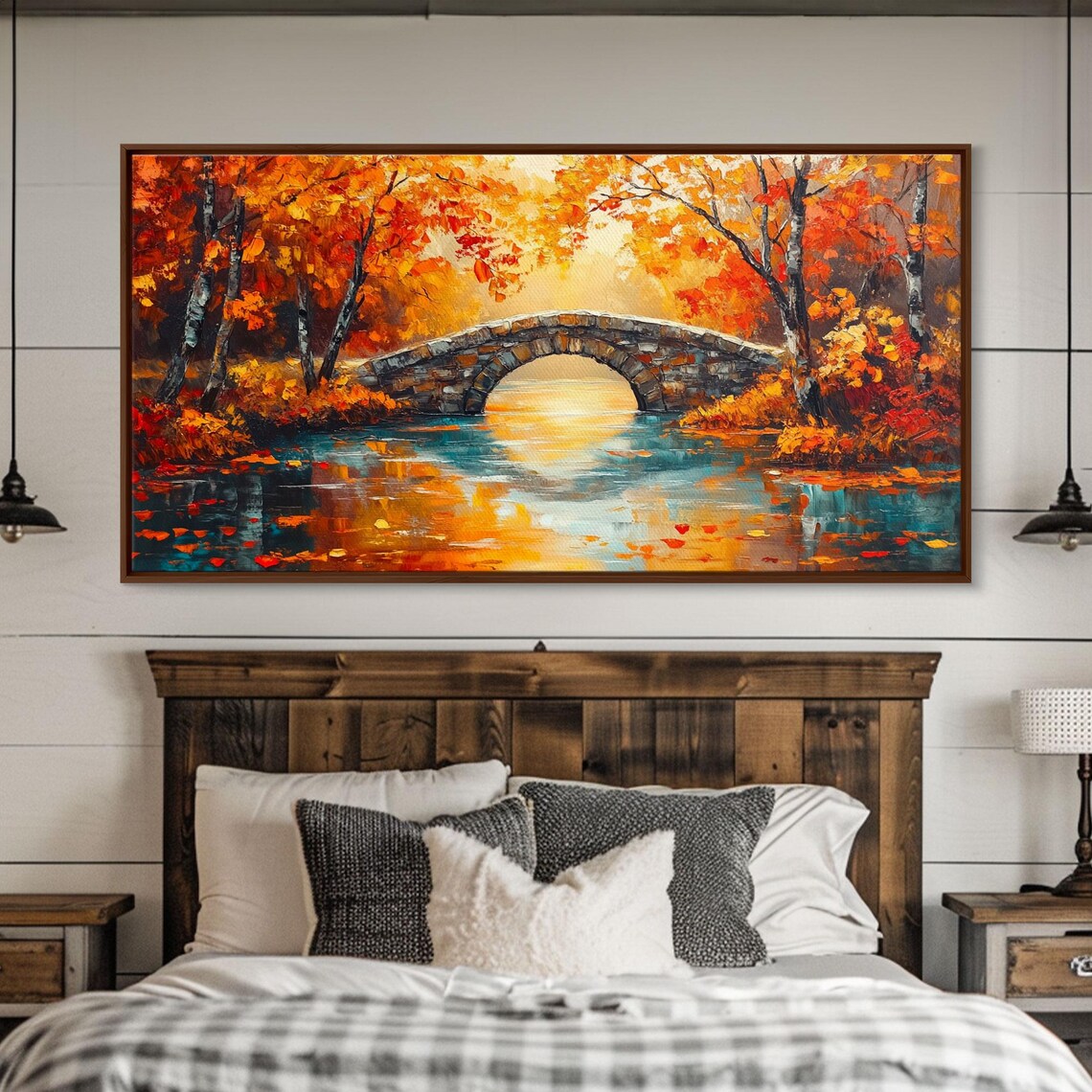 Autumn Stone Bridge River Golden Foliage Vibrant Oil Painting Print