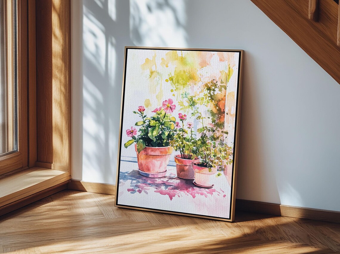 Potted Plants Watercolor Terracotta Pots Sunny Botanical Garden Print - Image 3