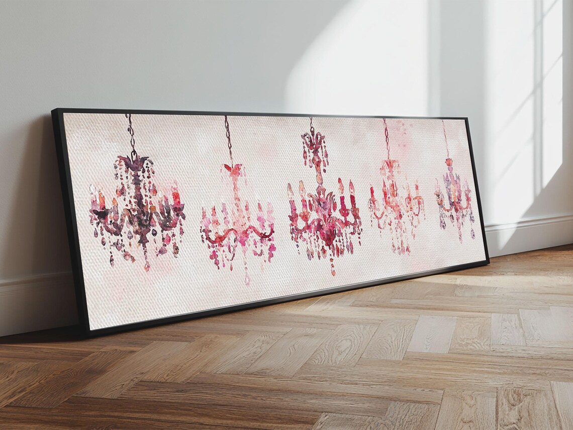 Pink Crystal Chandeliers Watercolor Glamorous French Chic Wall Art - Image 3