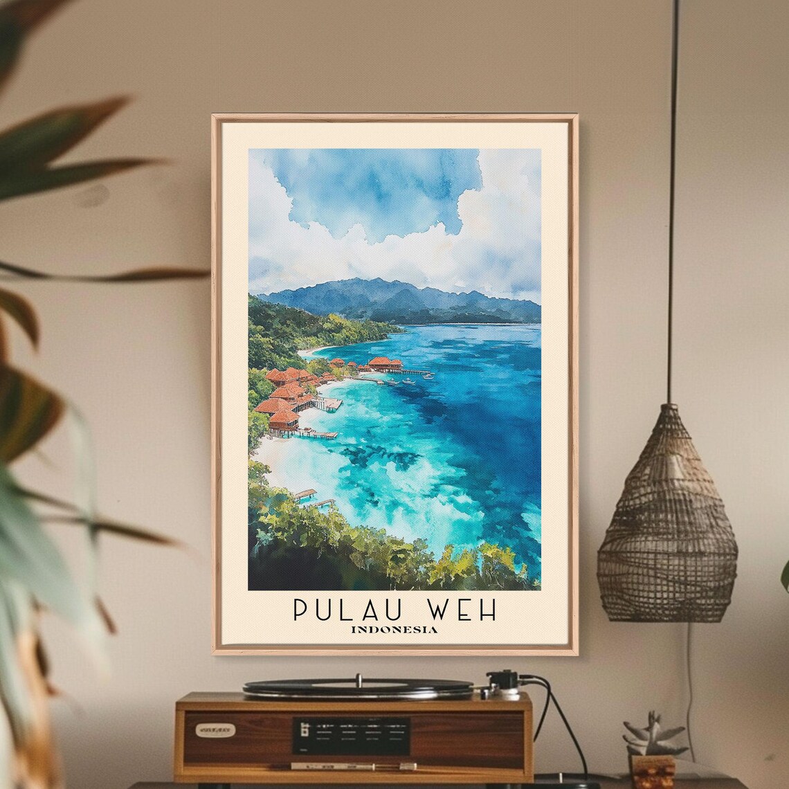 Pulau Weh Indonesia Aerial Overwater Bungalows Turquoise Reef Bay Watercolor Poster - Image 2