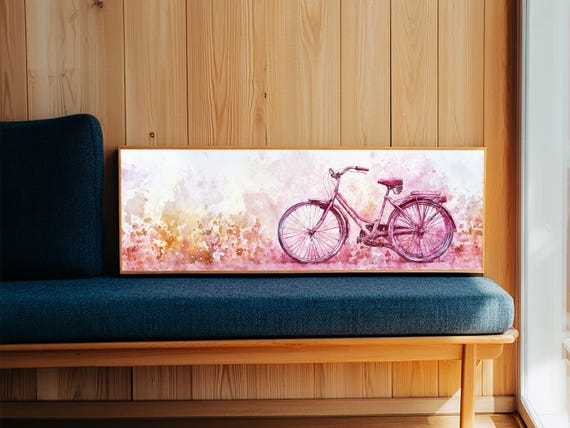Vintage Bicycle Art Framed Print Cottagecore Rustic Wall Art Light Pink Farmhouse Decor Horizontal Painting Gift Idea