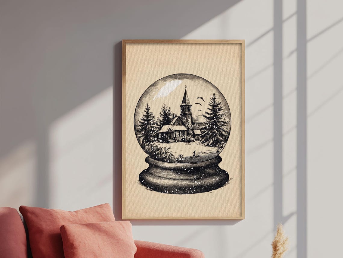 Snow Globe Church Winter Village Vintage Sketch Christmas Poster - Image 2