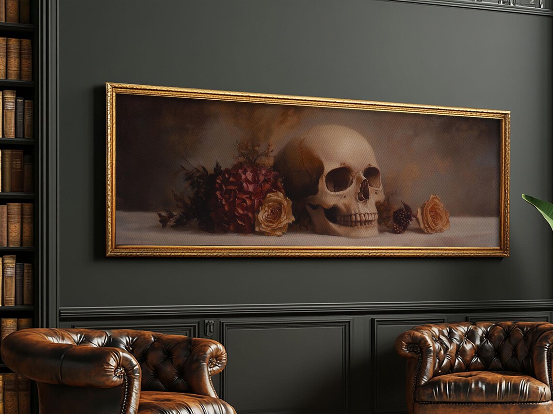 Skull And Flowers Still Life Panoramic Painting Moody Gothic Roses Poster - Image 2