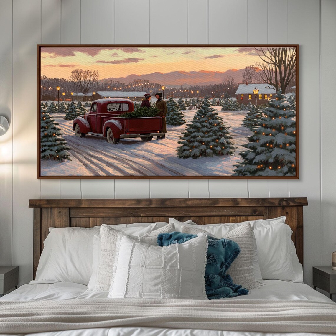 Vintage Red Truck At Snowy Christmas Tree Farm Sunset Glow Poster - Image 6