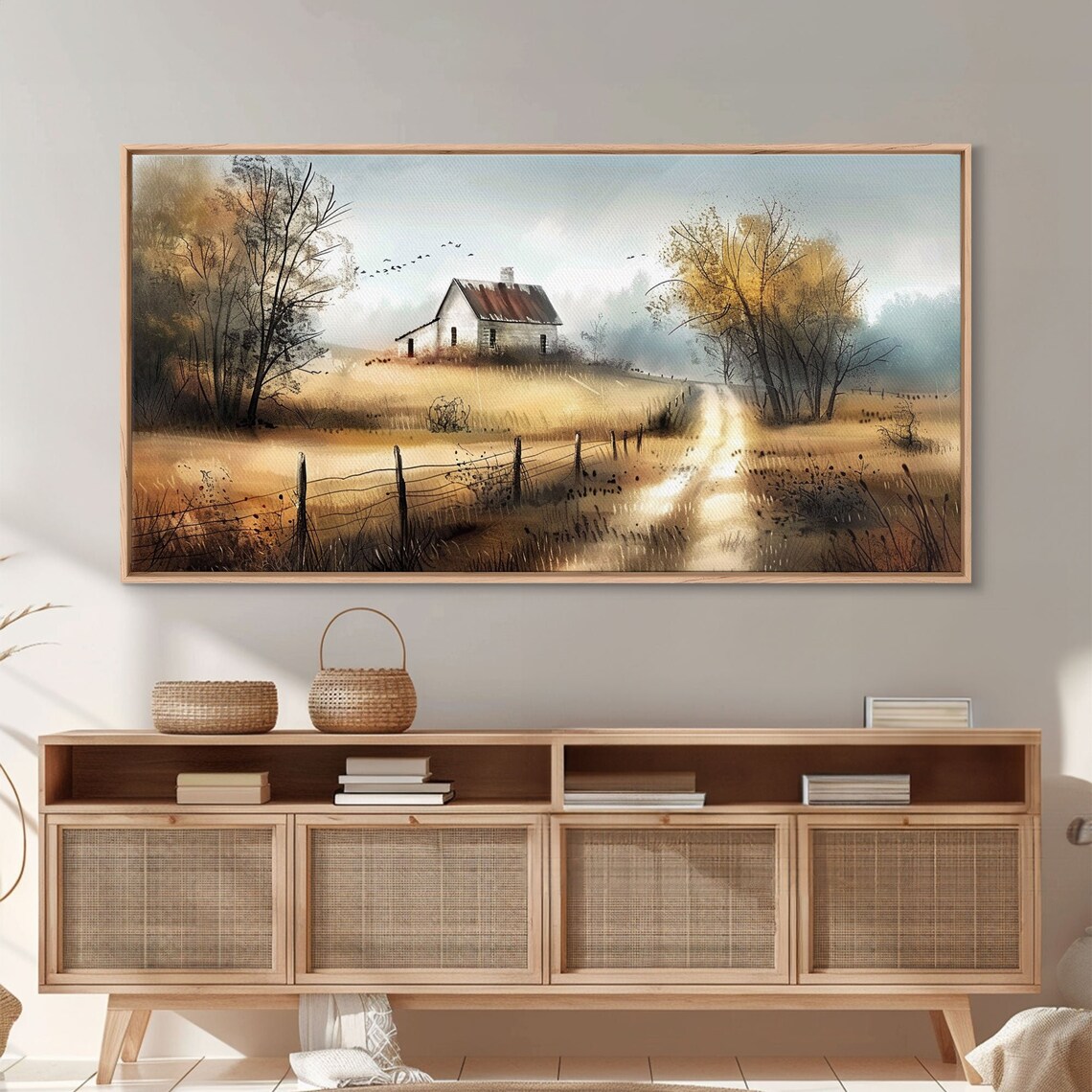 Misty Autumn Farmhouse Golden Field Country Road Watercolor Art Poster - Image 3