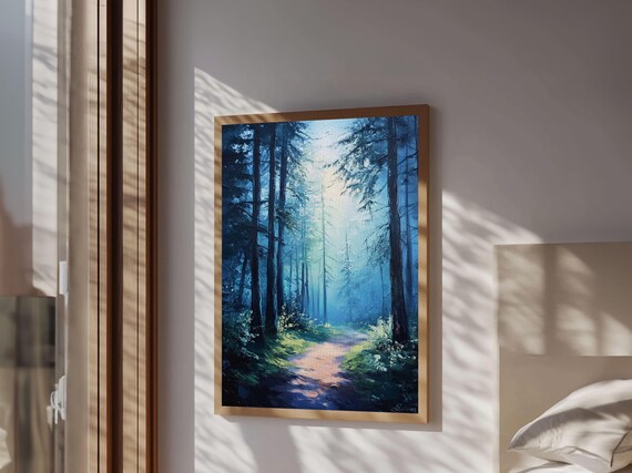 Enchanting Forest Print Moody Blue Landscape Painting With Pine Tree Art Above Sofa Rustic Wall Artwork