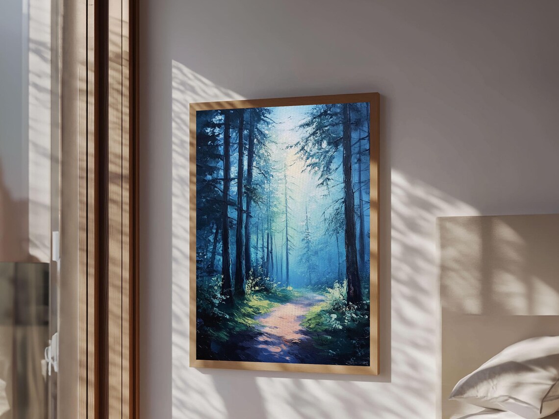 Enchanting Forest Print Moody Blue Landscape Painting With Pine Tree Art Above Sofa Rustic Wall Artwork