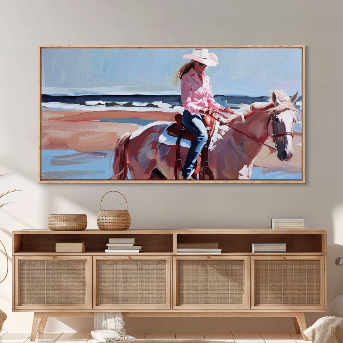 Cowgirl Riding White Horse Beach Pink Shirt White Hat Coastal Wall Art - Image 4