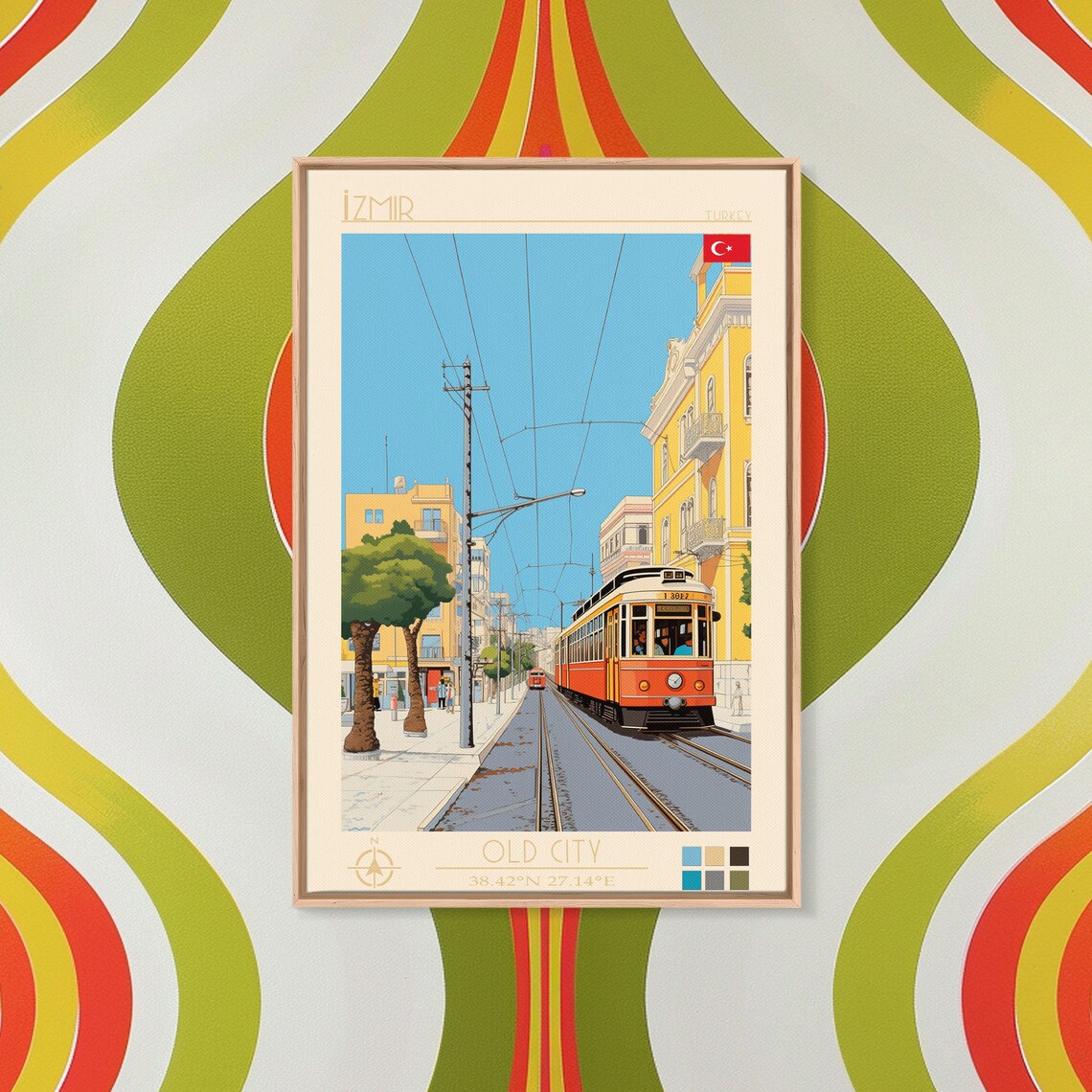 Izmir Turkey Old City Street Red Tram Midcentury Travel Poster - Image 3